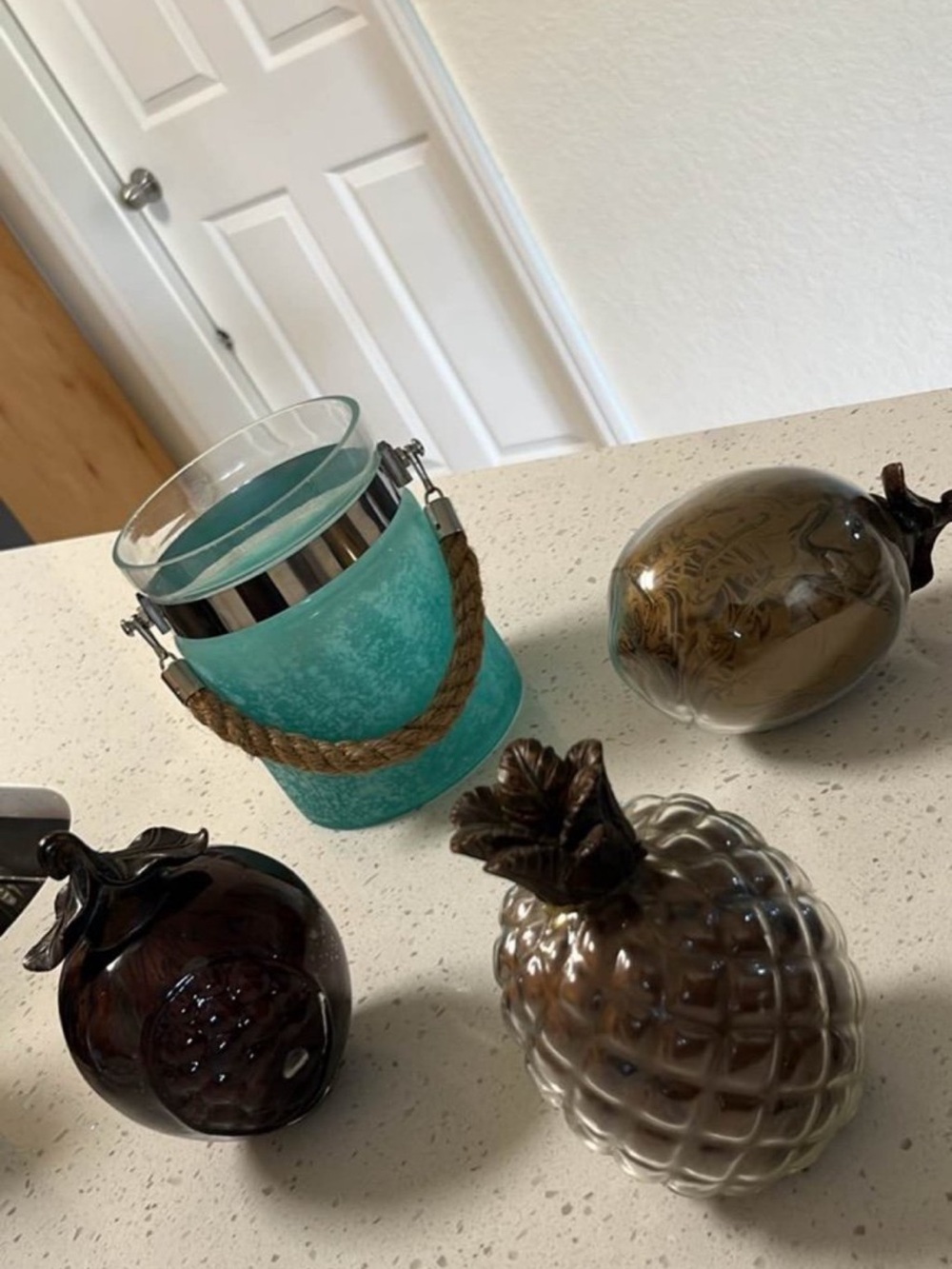 Turquoise Glass Hurricane Candle Holder with Rope Handle